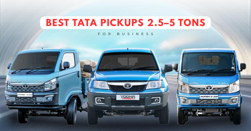 Tata Yodha pickup side view Tata Intra V30 commercial pickup truck Tata 407 Gold 29 WB EX pickup for businesses Tata Intra V50 heavy-duty pickup Tata Ultra Sleek T.6 commercial pickup